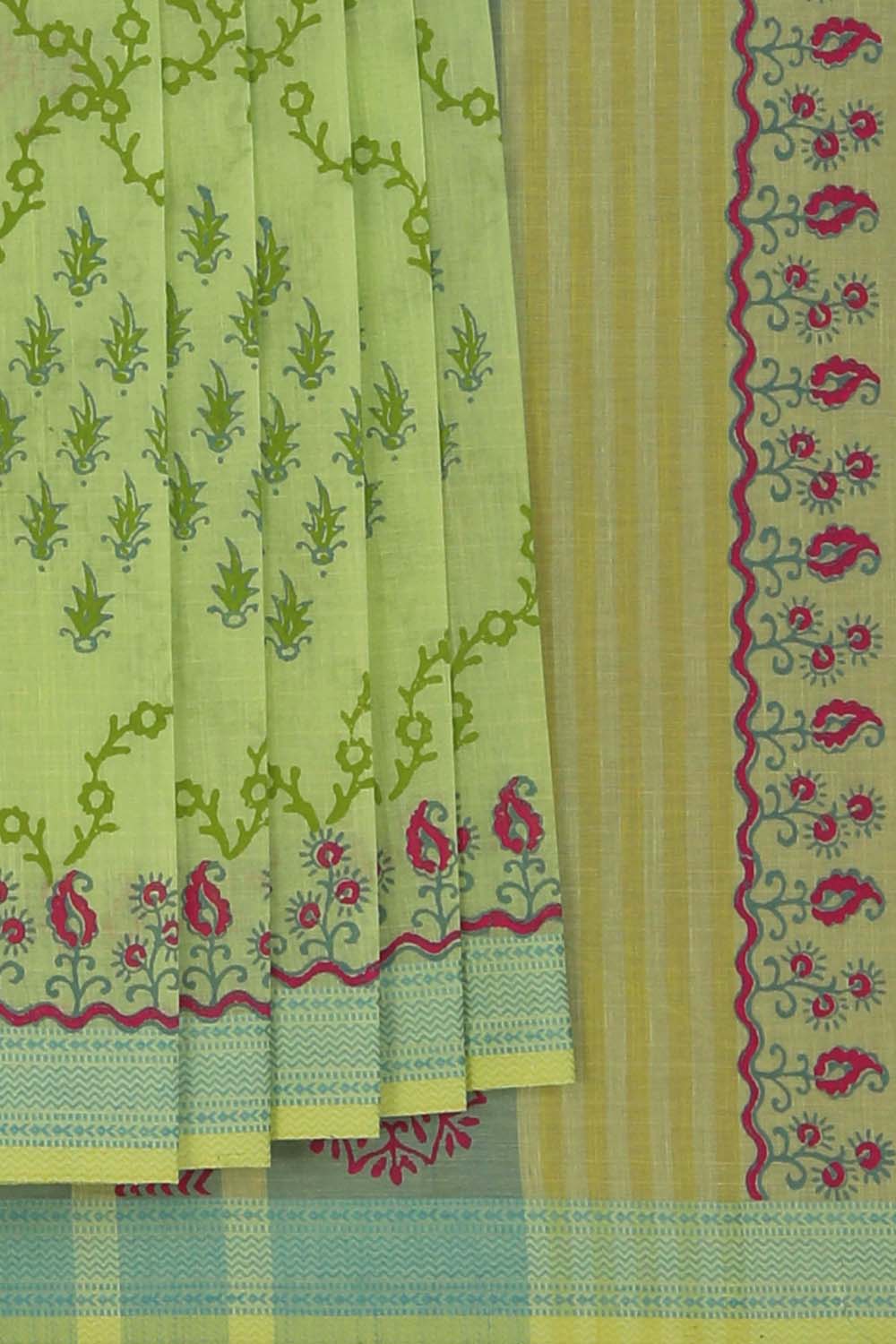 Image of Lemon Green Hand Block Printed South Cotton Saree